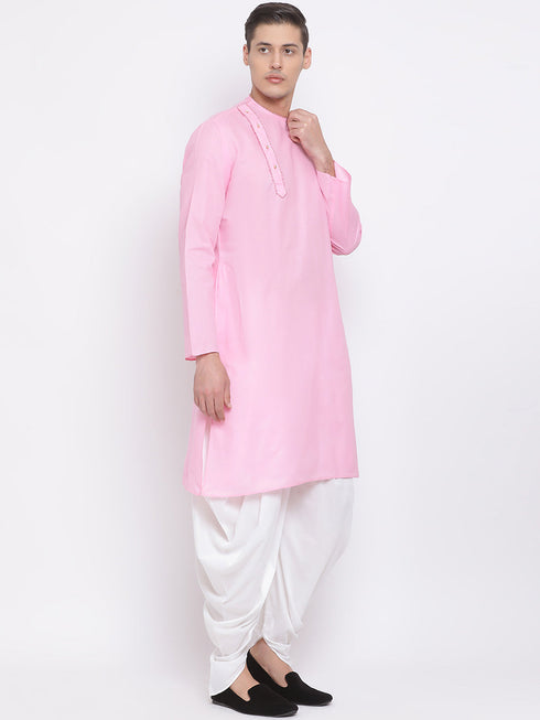 Vastramay Men's Pink Cotton Blend Kurta and White Dhoti Set